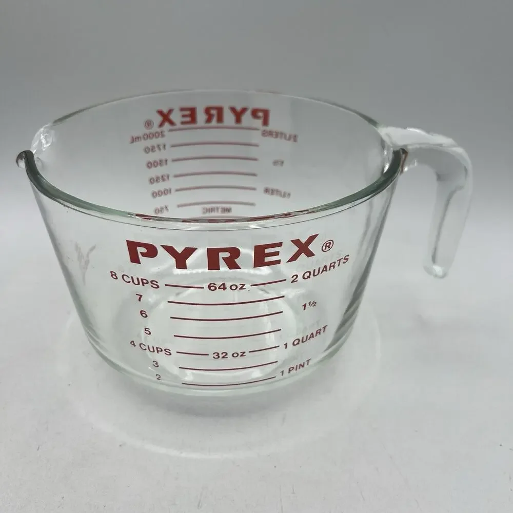 Vtg PYREX 8 Cup Clear Glass Measuring Cup #564 Red Lettering 64 oz USA J Handle